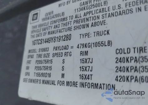 2000 GMC Sonoma Sl из США, поврежденный, VIN 1GTCS1449Y8191280